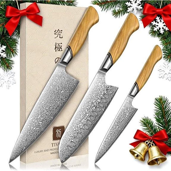 TIVOLI Damascus Kitchen Knife Set 3 pcs Olive Handle
