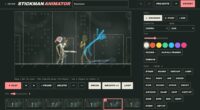 Stickman Animator editor with two posed fighters, joint handles, a frame strip and style chips
