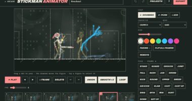 Stickman Animator editor with two posed fighters, joint handles, a frame strip and style chips