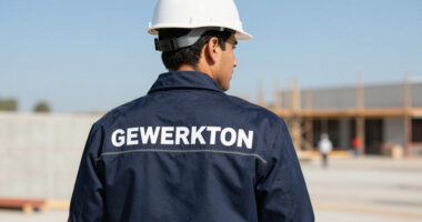 A site worker in a white hard hat and a navy jacket with GEWERKTON printed across the back looks out over a construction site under a clear sky